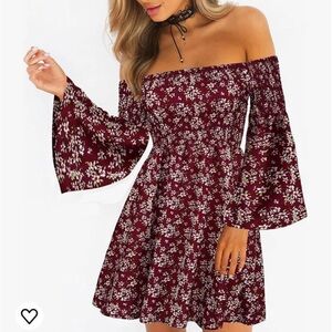 OFF SHOULDER DRESS TUBE TOP FLOWY BOTTOM FLORAL BELL SLEEVE BURGUNDY FEMININE
